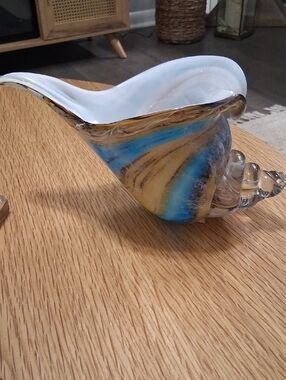 Handblown Glass Shell Sculpture in White, Blue and Gold